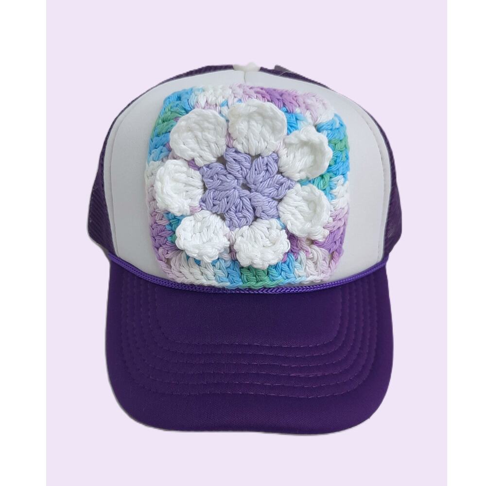 Crochet Granny Square Trucker Hat Hand Crafted Purple White Flower Adjustable
